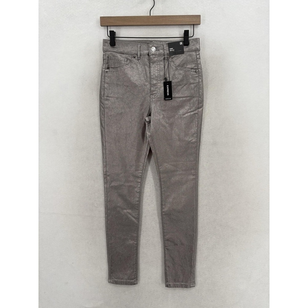 Express Skinny High Rise Jeans Womens 0 Silver Metallic Coated Stretch Preppy